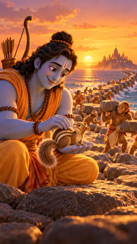 Rama gently strokes a little squirrel on the stones of the bridge at sunset